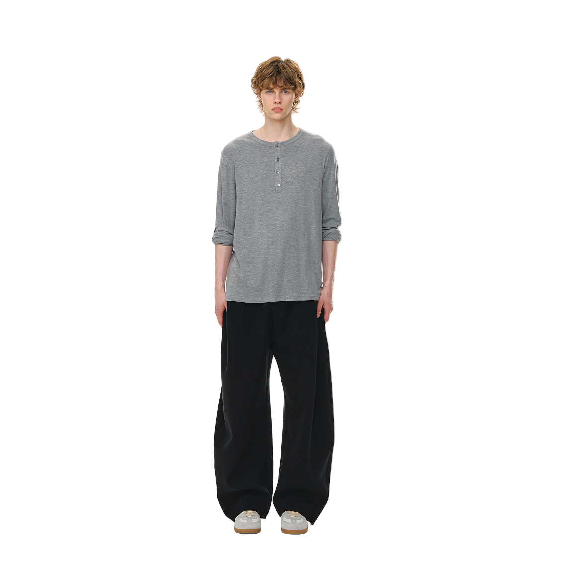 Fitted Cut Henley Button-Down Collar Wool Long Sleeves In Grey