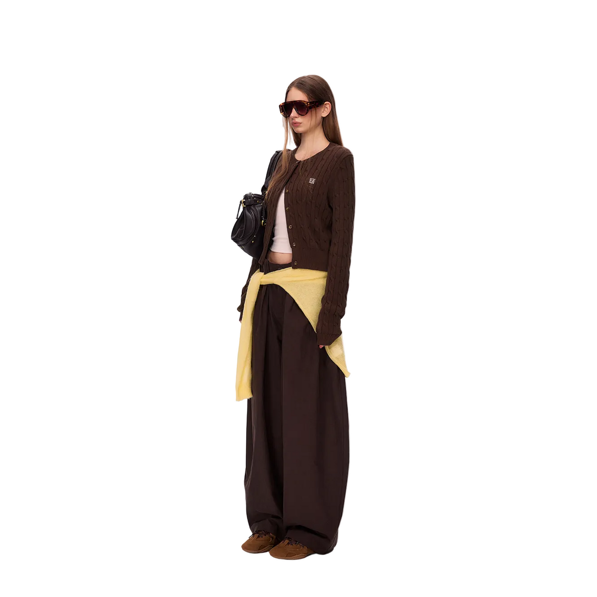 Brown 3D Cable Knit Linen Cardigan