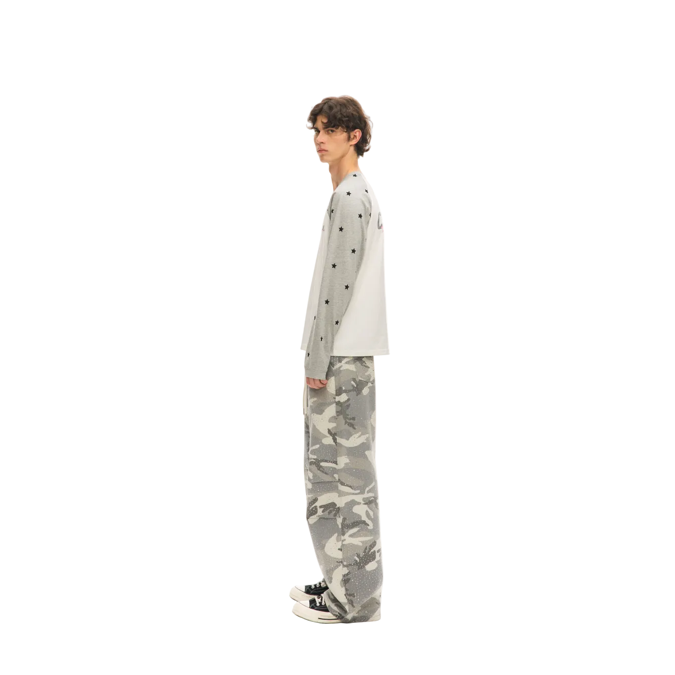 Gray and White Color Block Star Long-Sleeve T-Shirt