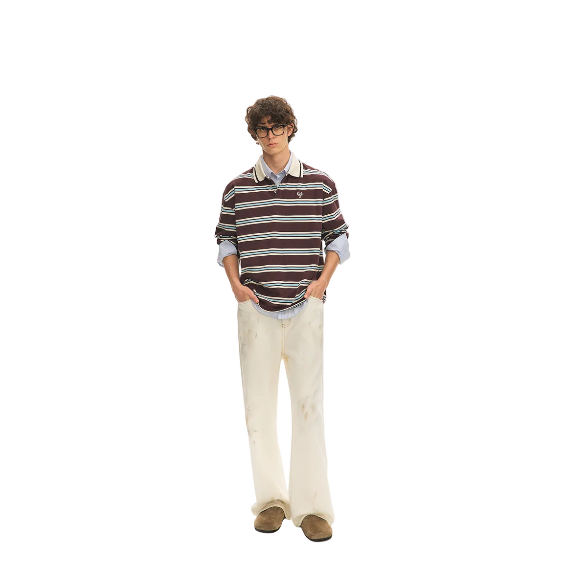 Burgundy Color-Blocked Striped Embroidered Polo Shirt Long Sleeve