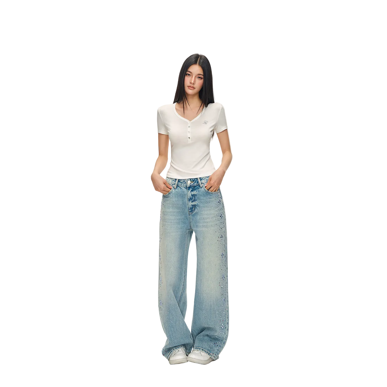 Blue Cross Rhinestone Washed Straight Leg Jeans