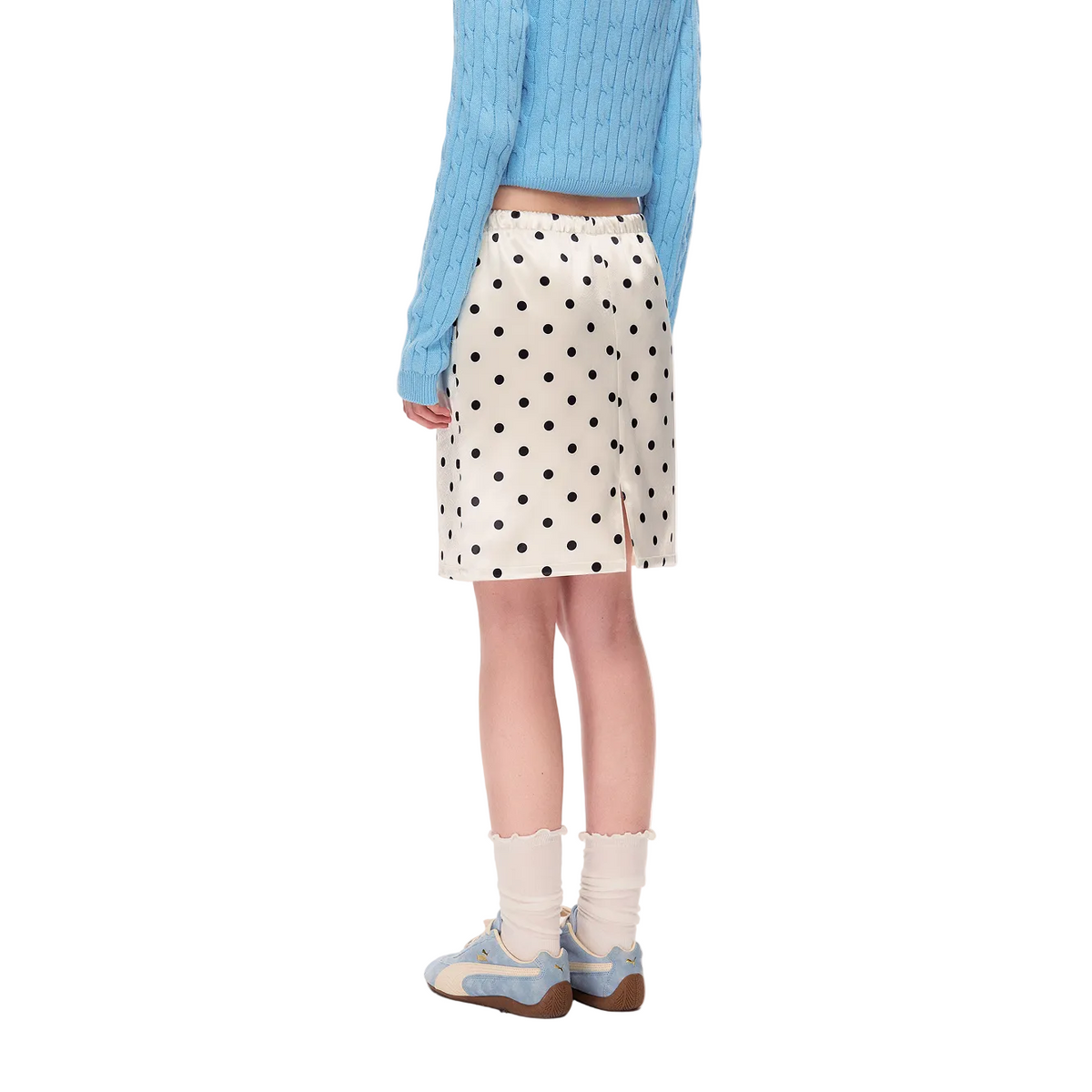 Beige Satin Retro Polka Dot Midi Skirt