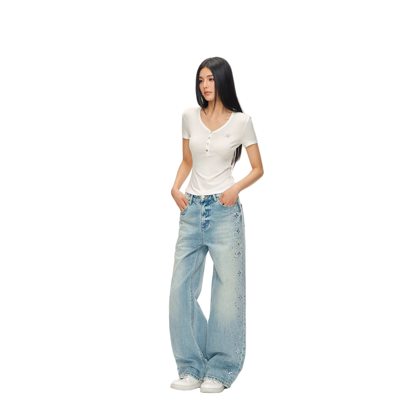 Blue Cross Rhinestone Washed Straight Leg Jeans