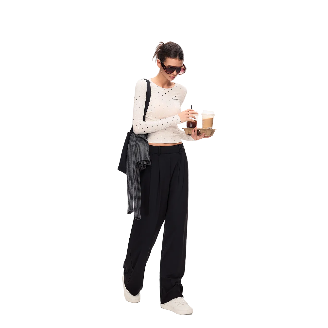 White Tencel Polka Dot Long-Sleeve T-Shirt