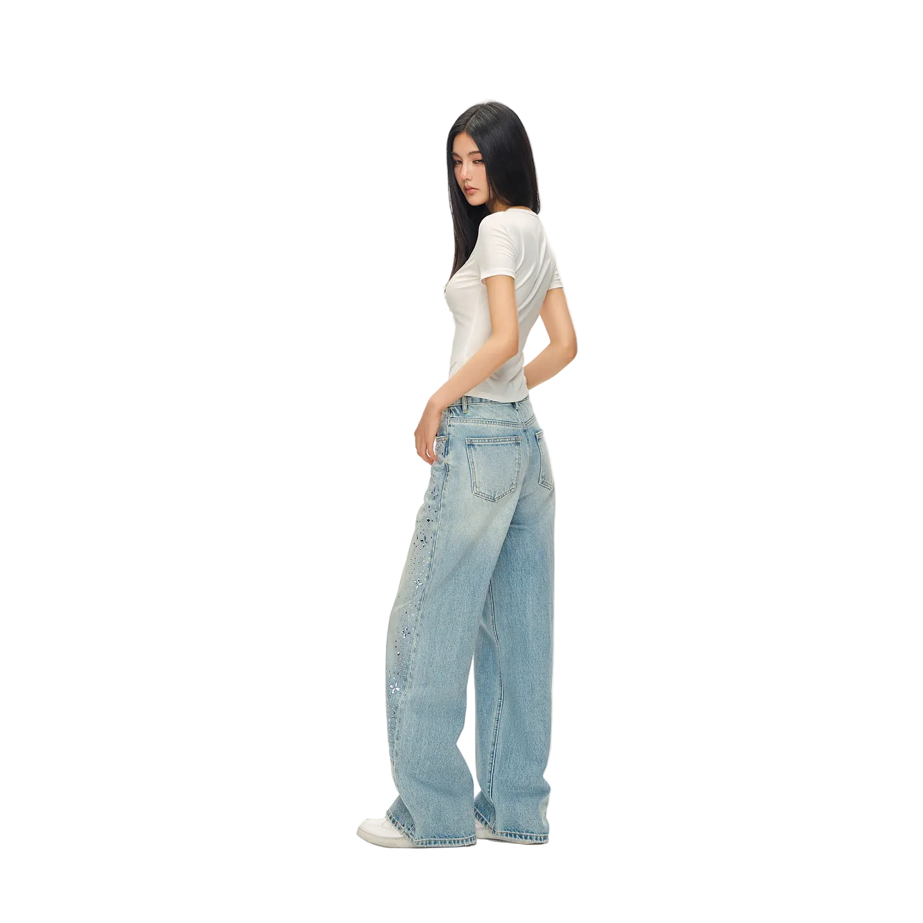 Blue Cross Rhinestone Washed Straight Leg Jeans