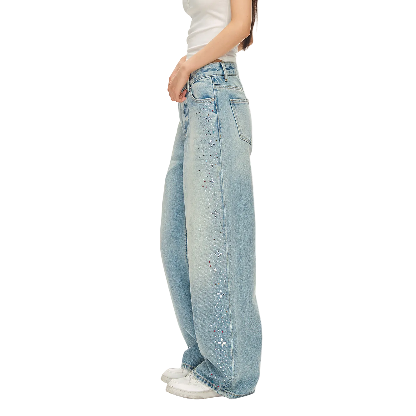 Blue Cross Rhinestone Washed Straight Leg Jeans