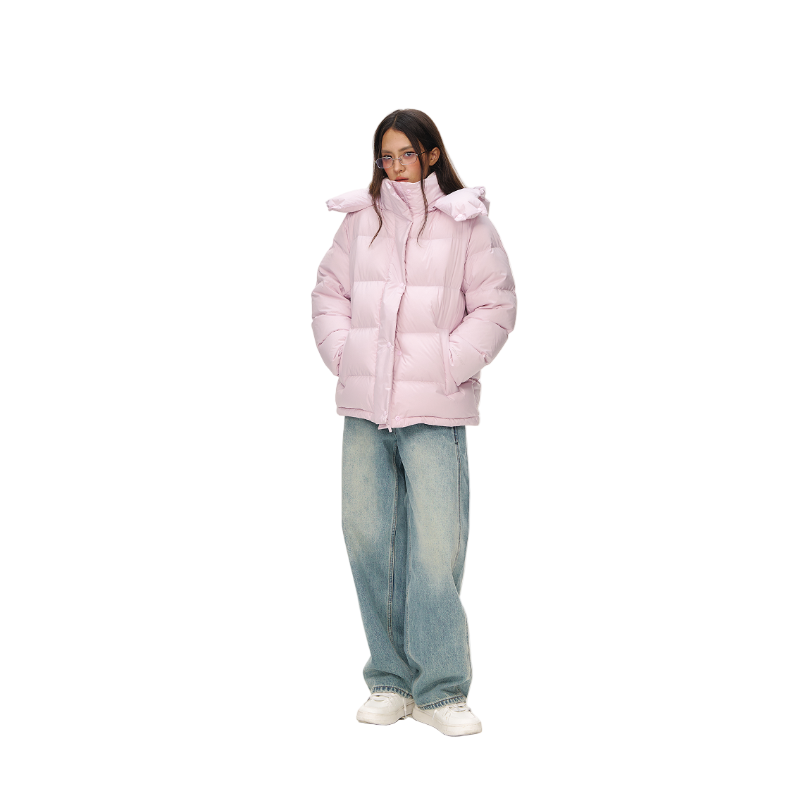 Pink Detachable High-Neck Hooded Warm Down Jacket