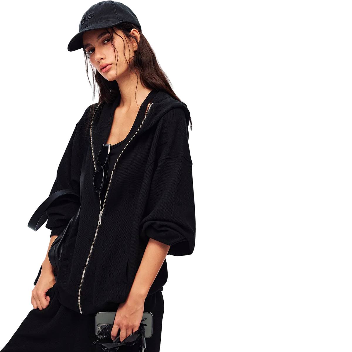Black Relaxed Waffle Knit Suit Hoodie