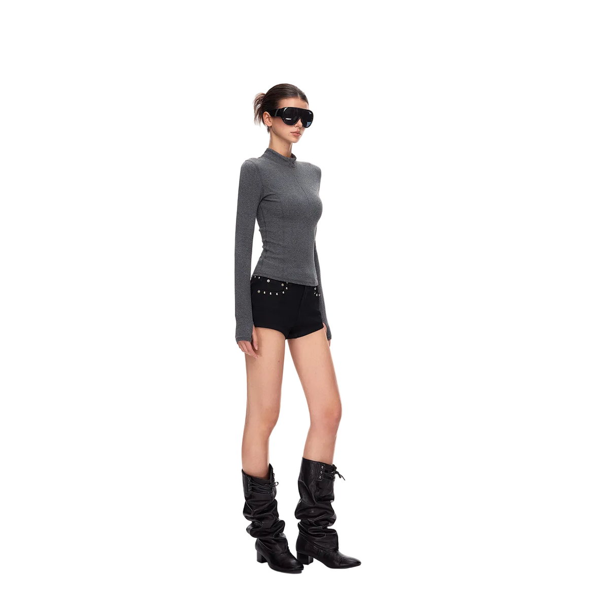 Grey Stand Collar Slim Fit Base Layer Long Sleeve 