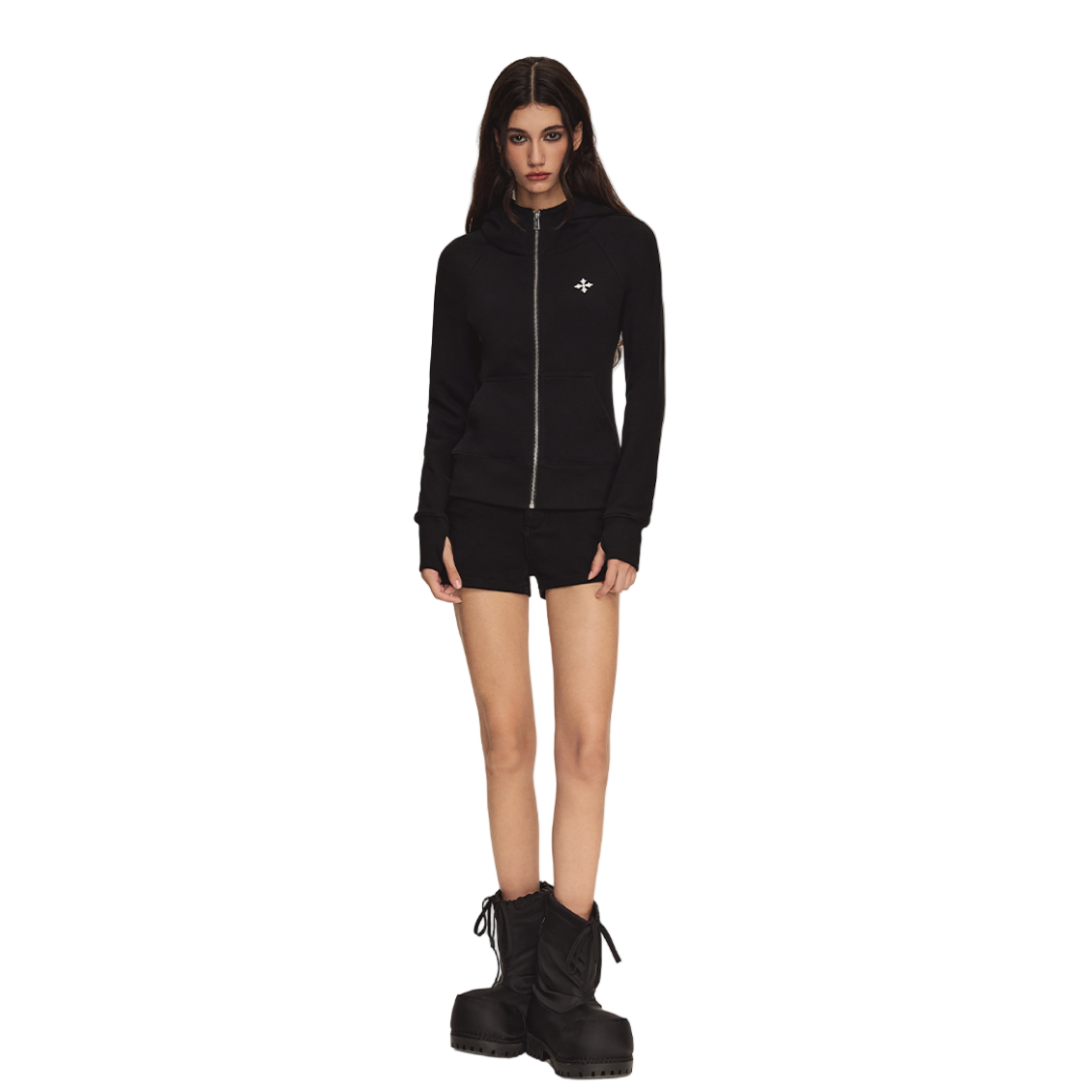 Black Knitted Turtleneck Zip-Up Fleece-Lined Hooded Sweatshirt