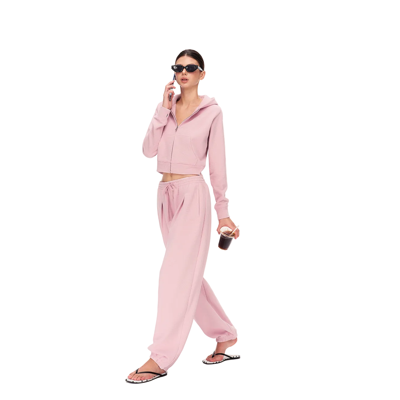 Pink Lazy Waffle Knit Set Jogger Pants