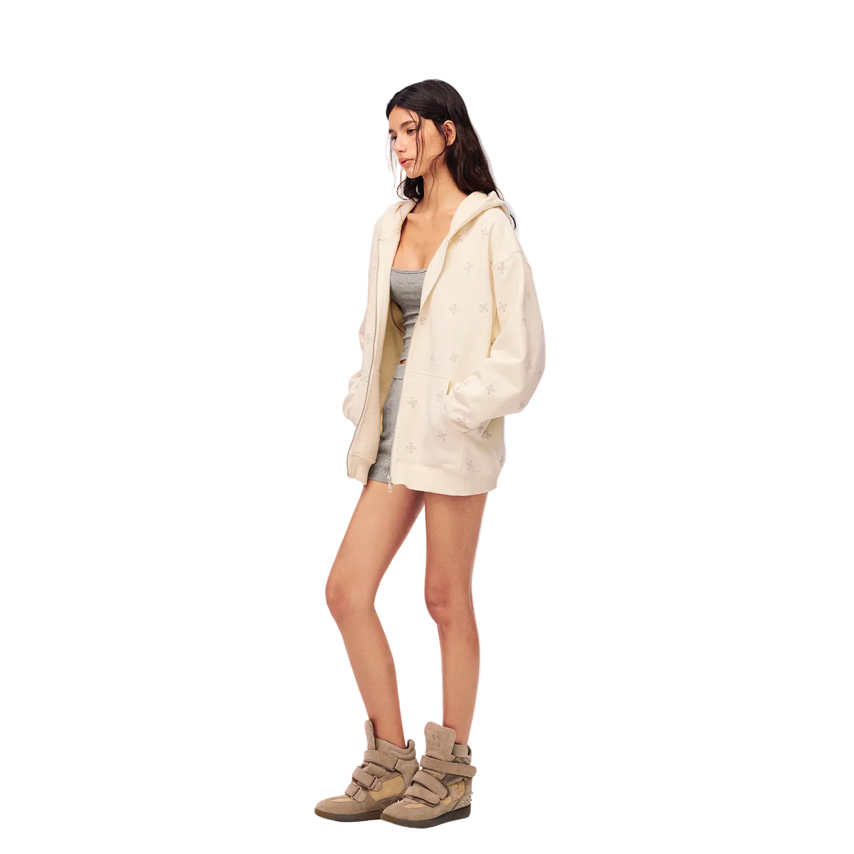 Beige Cross Print All-Over Zip-Up Hooded Sweatshirt