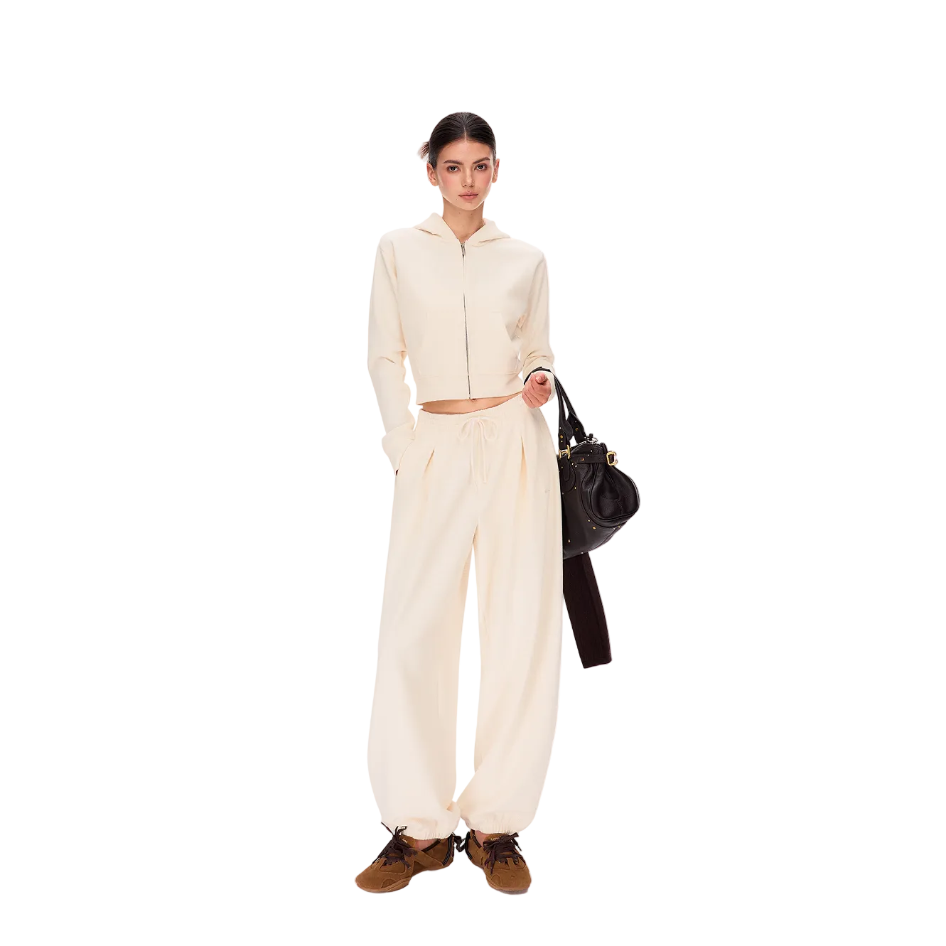 Beige Lazy Waffle Knit Set Jogger Pants