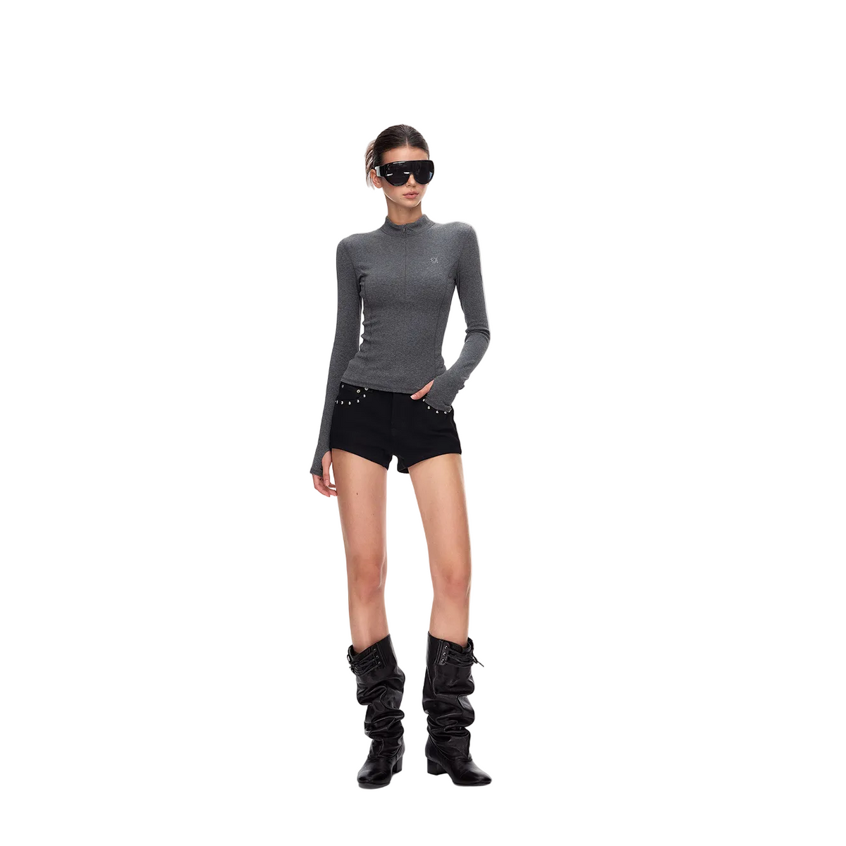 Grey Stand Collar Slim Fit Base Layer Long Sleeve 
