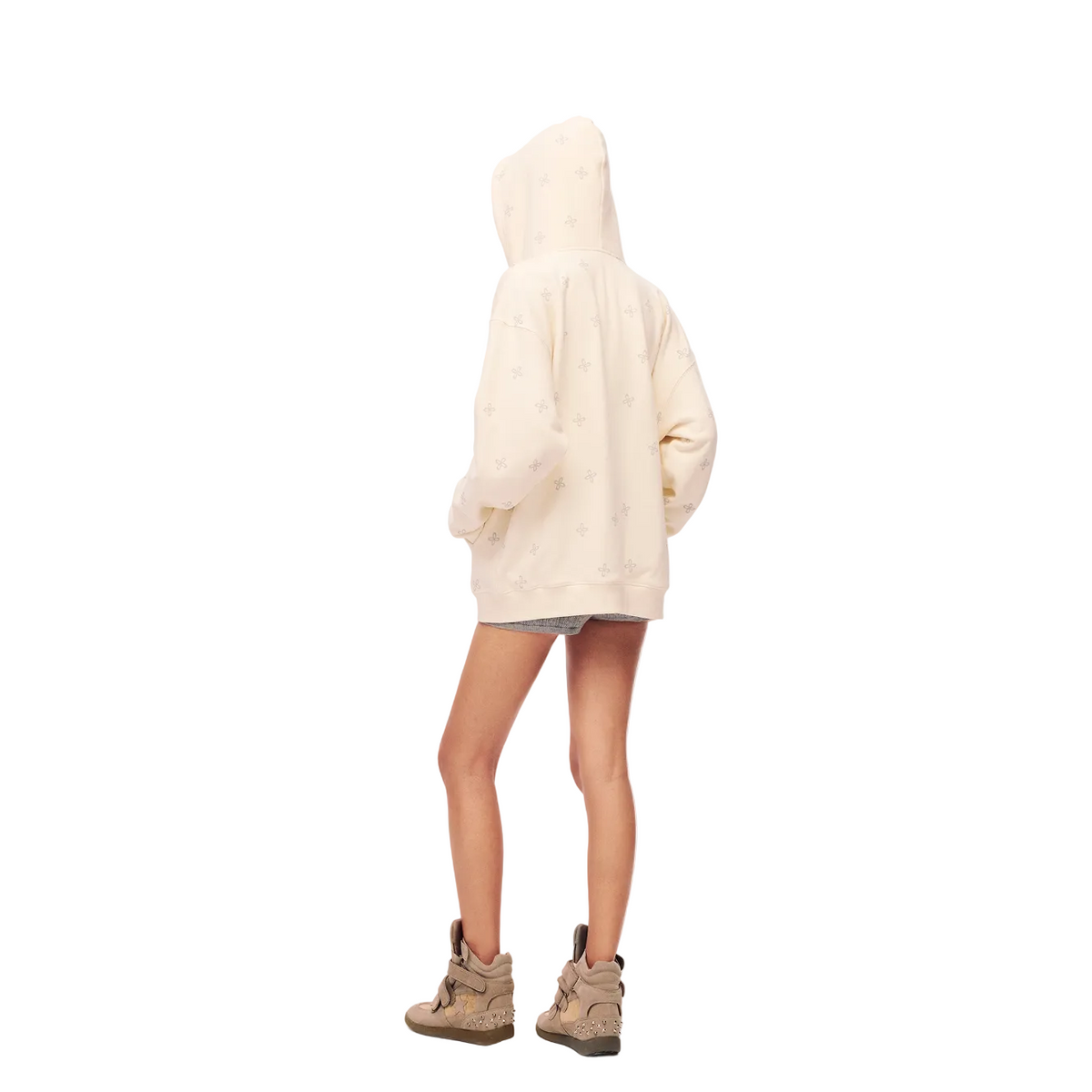 Beige Cross Print All-Over Zip-Up Hooded Sweatshirt