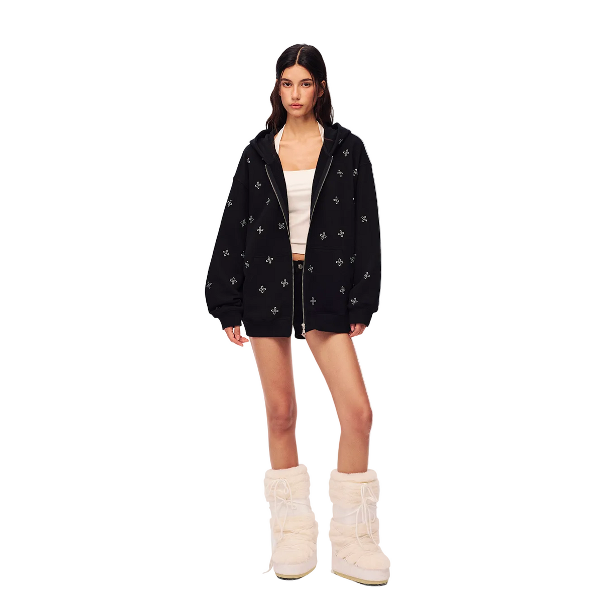 Black Cross Print Zip-Up Hooded Sweatshirt