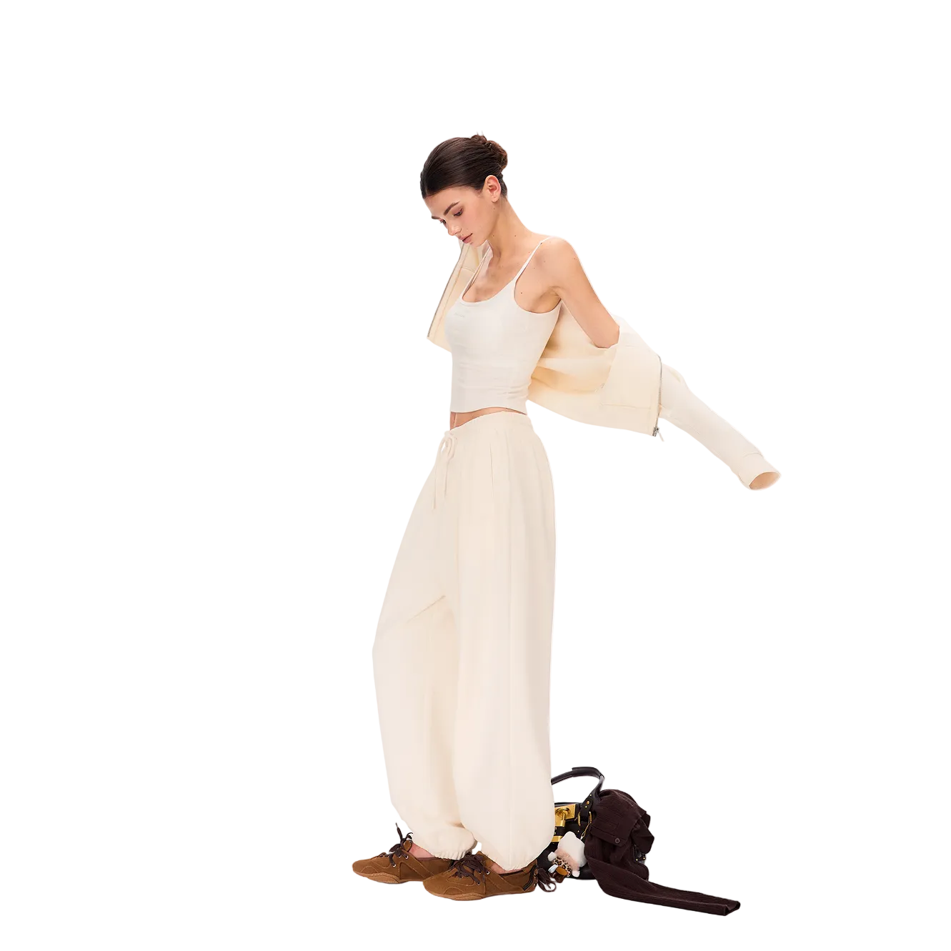 Beige Lazy Waffle Knit Set Jogger Pants
