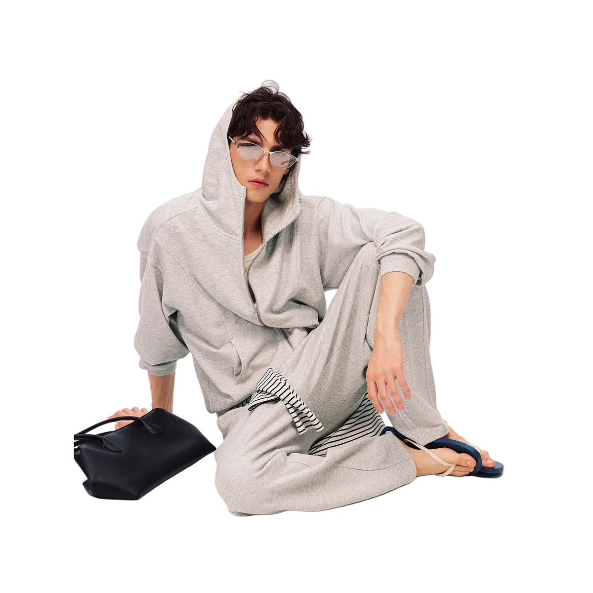 Grey Relaxed Waffle Knit Set Hoodie
