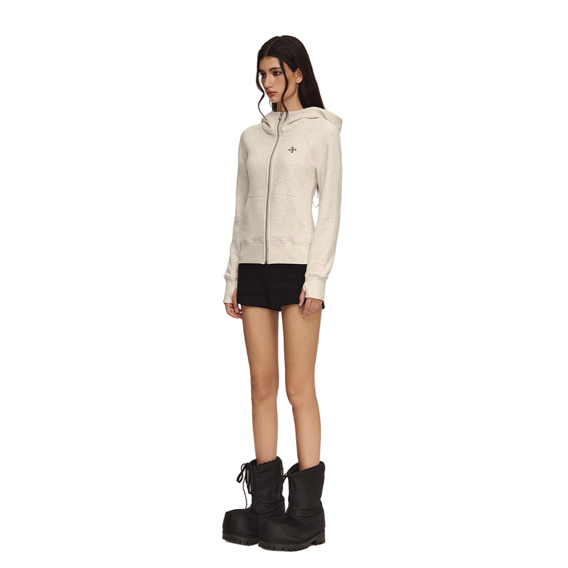 Oatmeal Knitted Turtleneck Zip-up Fleece-lined Hooded Sweatshirt