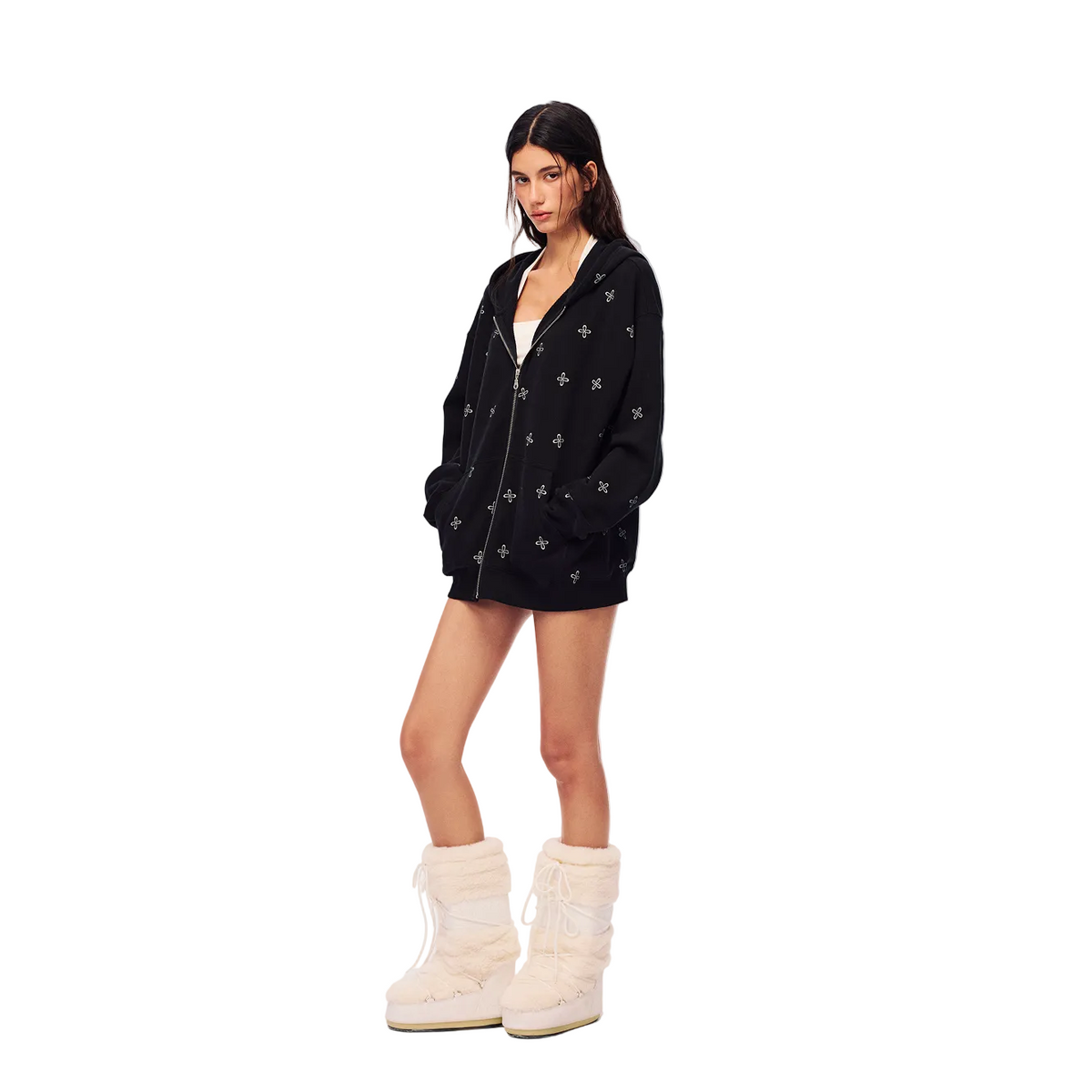 Black Cross Print Zip-Up Hooded Sweatshirt