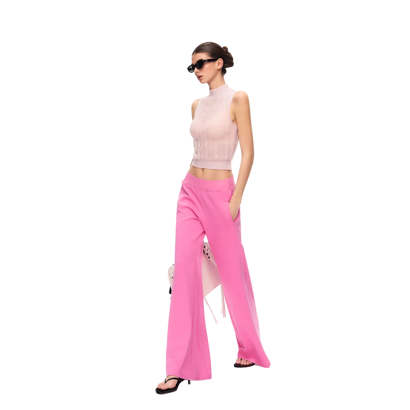 Pink Mid-to-Low Rise Flare Wide-Leg Sweatpants