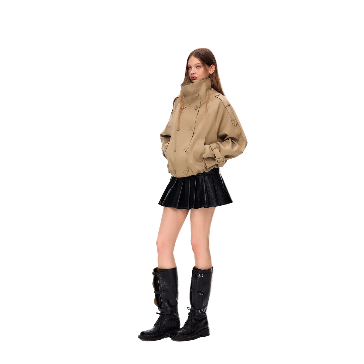 Khaki Tencel Cotton Stand Collar Double-Breasted Jacket