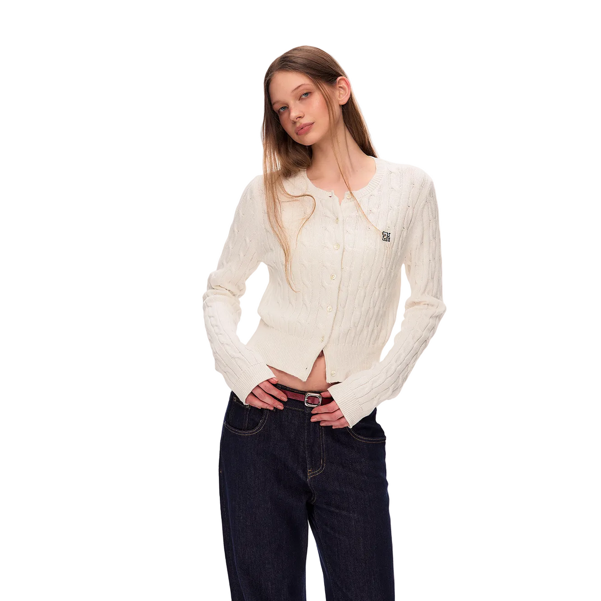 White 3D Cable Knit Linen Cardigan