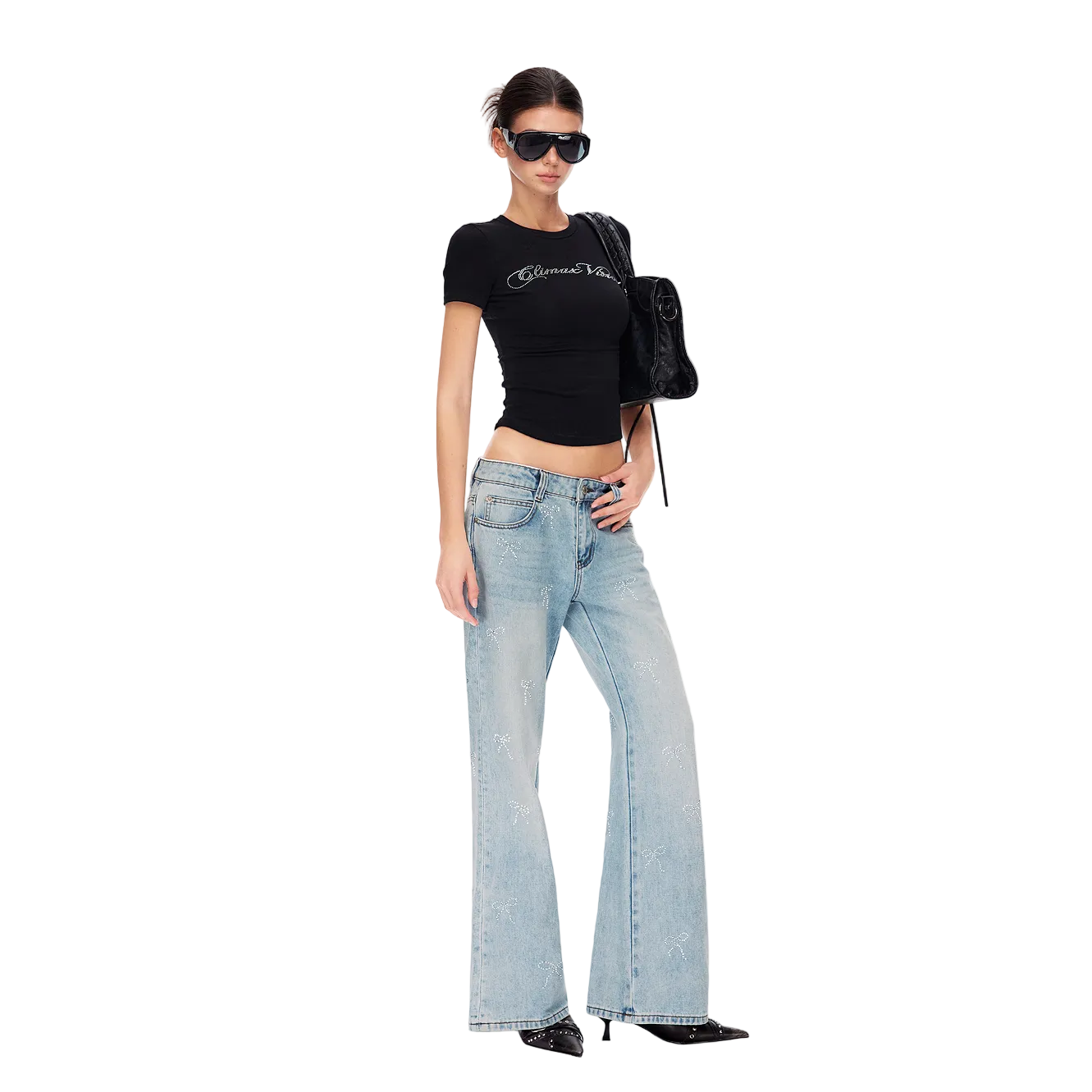 Blue Rhinestone Bow Washed Flared Jeans