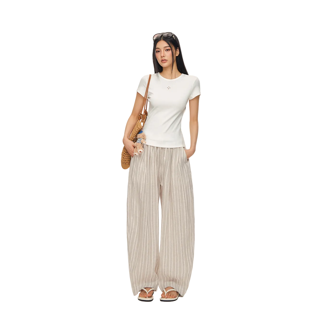 Apricot Striped Curved Balloon Pants