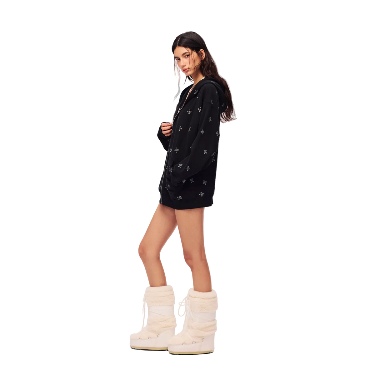 Black Cross Print Zip-Up Hooded Sweatshirt