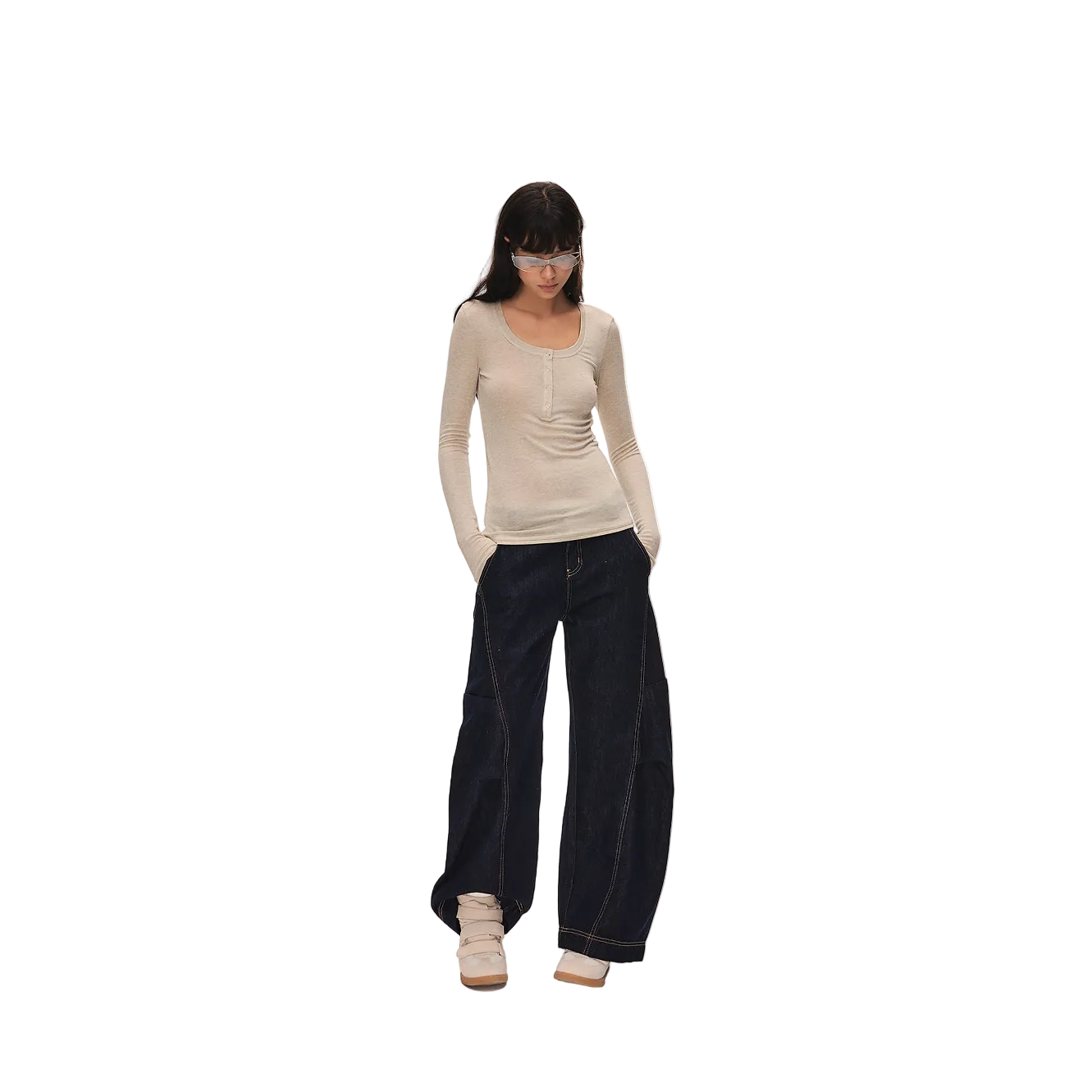 Oatmeal-colored Tencel Wool Henley Collar Long-Sleeve T-Shirt