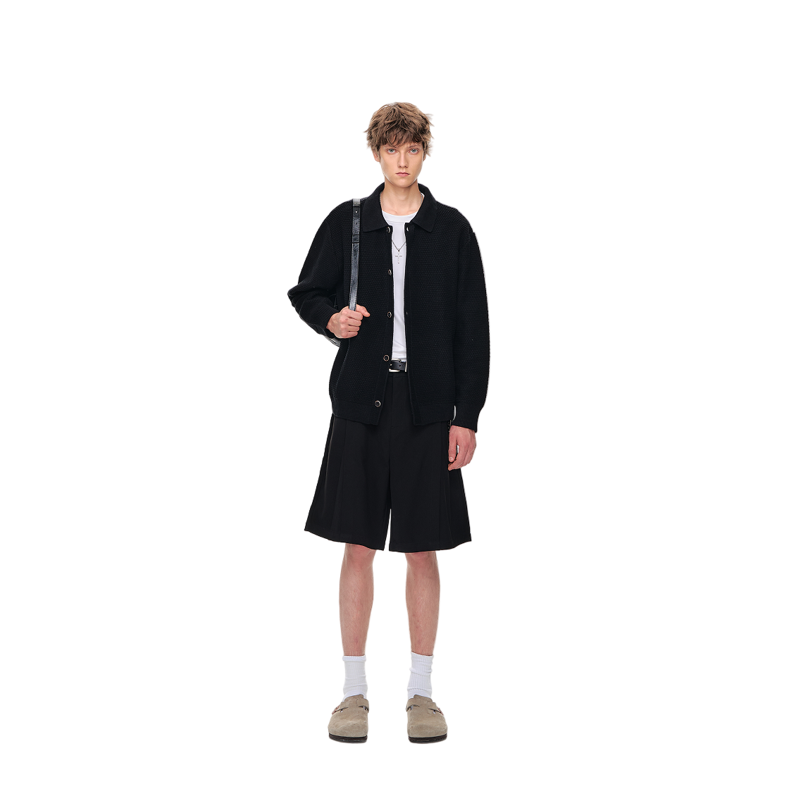 Black Textured Relaxed Sweater Lapel Button Cardigan