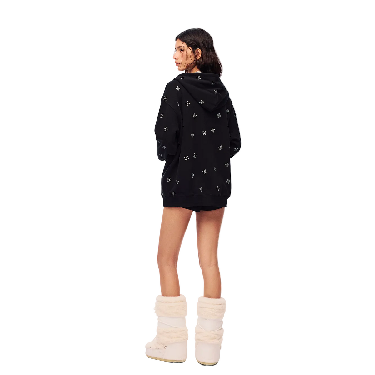Black Cross Print Zip-Up Hooded Sweatshirt