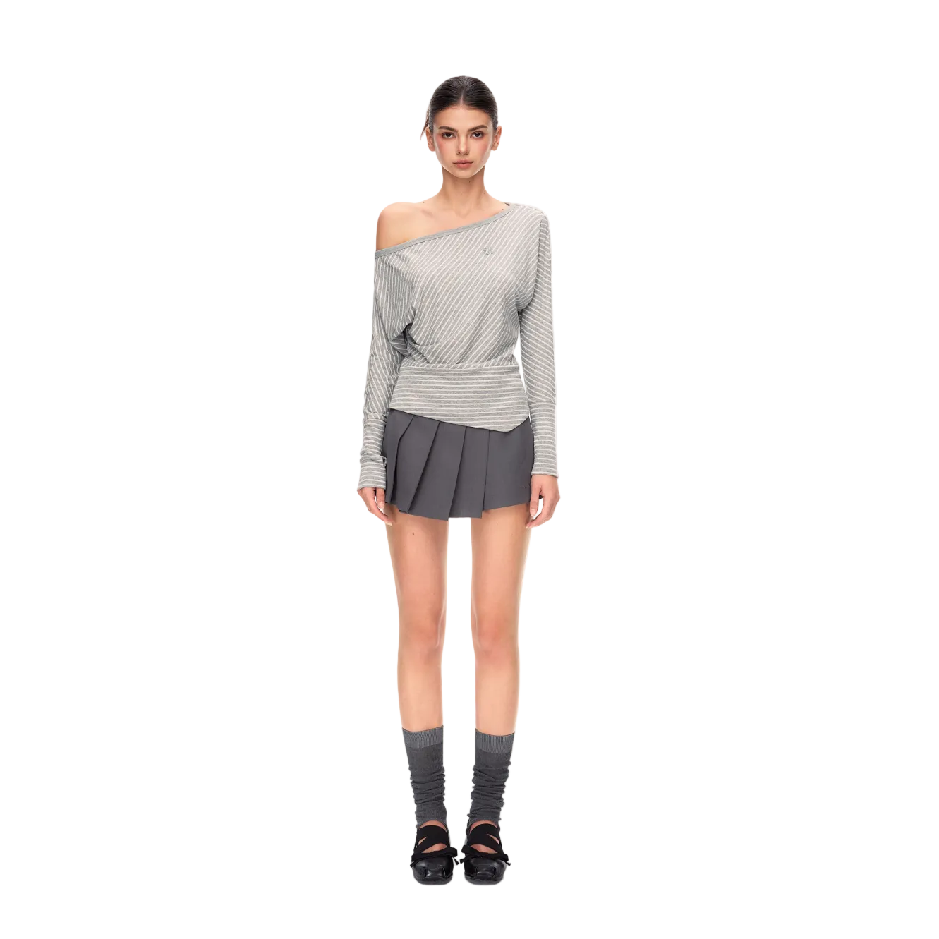 Grey Lyocell Striped Long-Sleeve T-Shirt