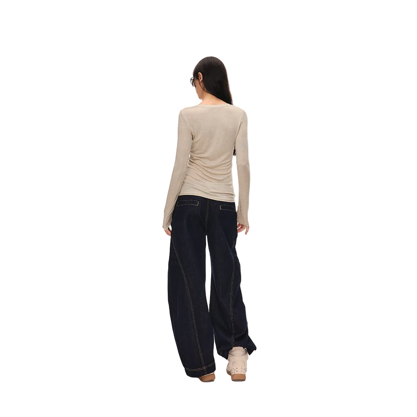 Oatmeal-colored Tencel Wool Henley Collar Long-Sleeve T-Shirt