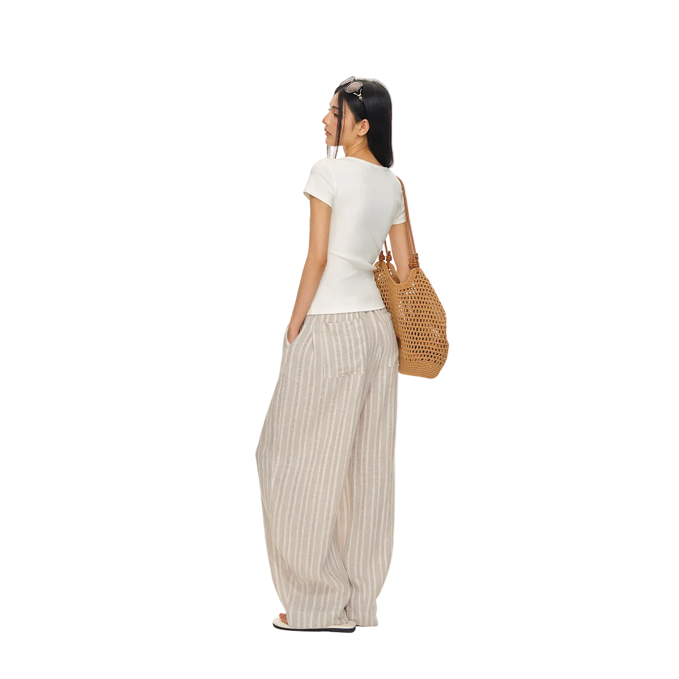 Apricot Striped Curved Balloon Pants