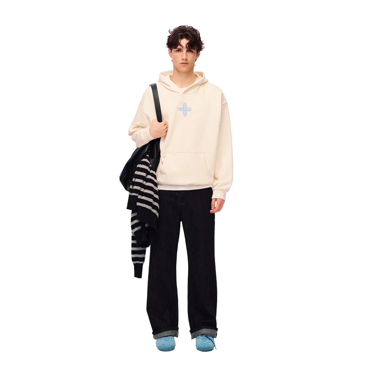 Beige Chanel-style Cross Embroidered Hooded Sweatshirt