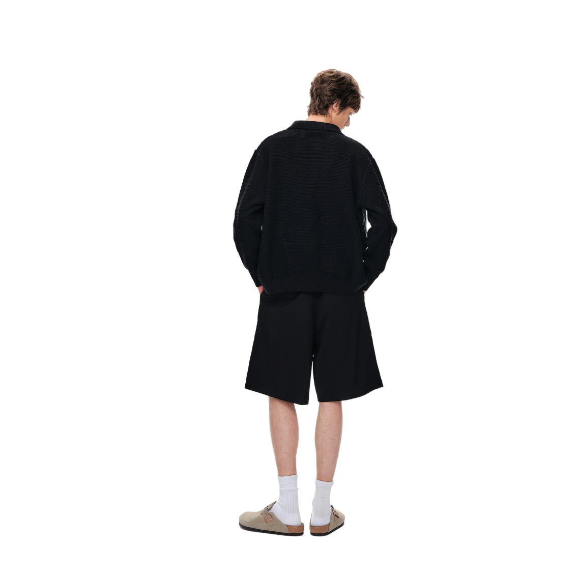 Black Textured Relaxed Sweater Lapel Button Cardigan