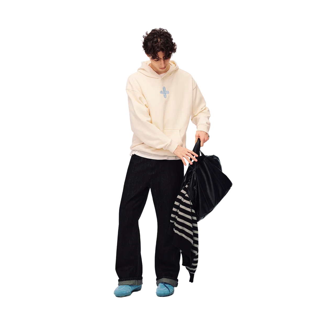 Beige Chanel-style Cross Embroidered Hooded Sweatshirt