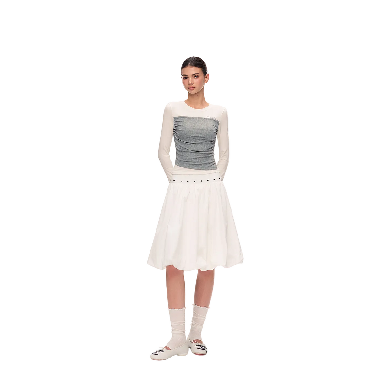 White Wide-Waisted Studded Puffy Midi Skirt