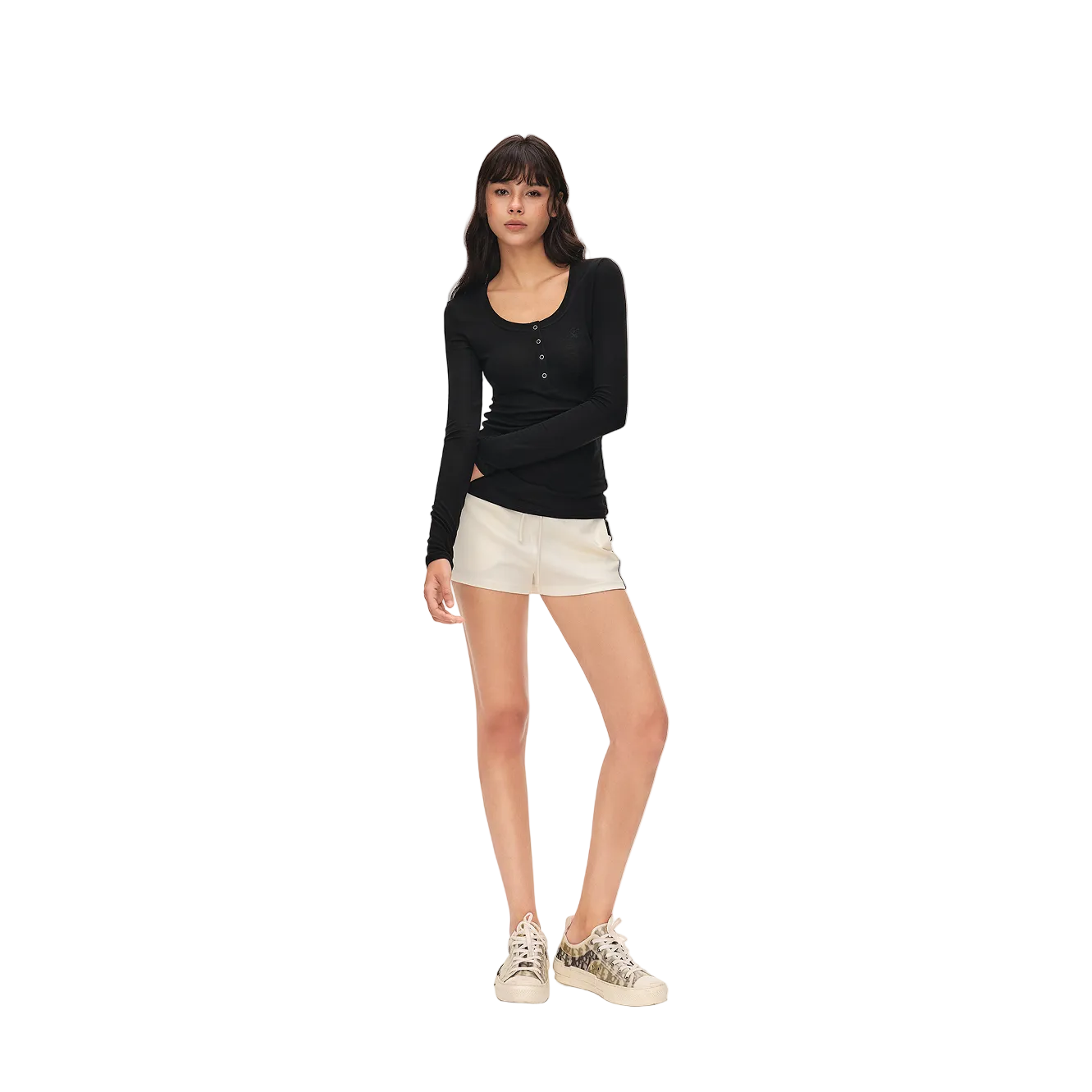 Black Tencel Wool Henley Collar Long-Sleeve T-Shirt