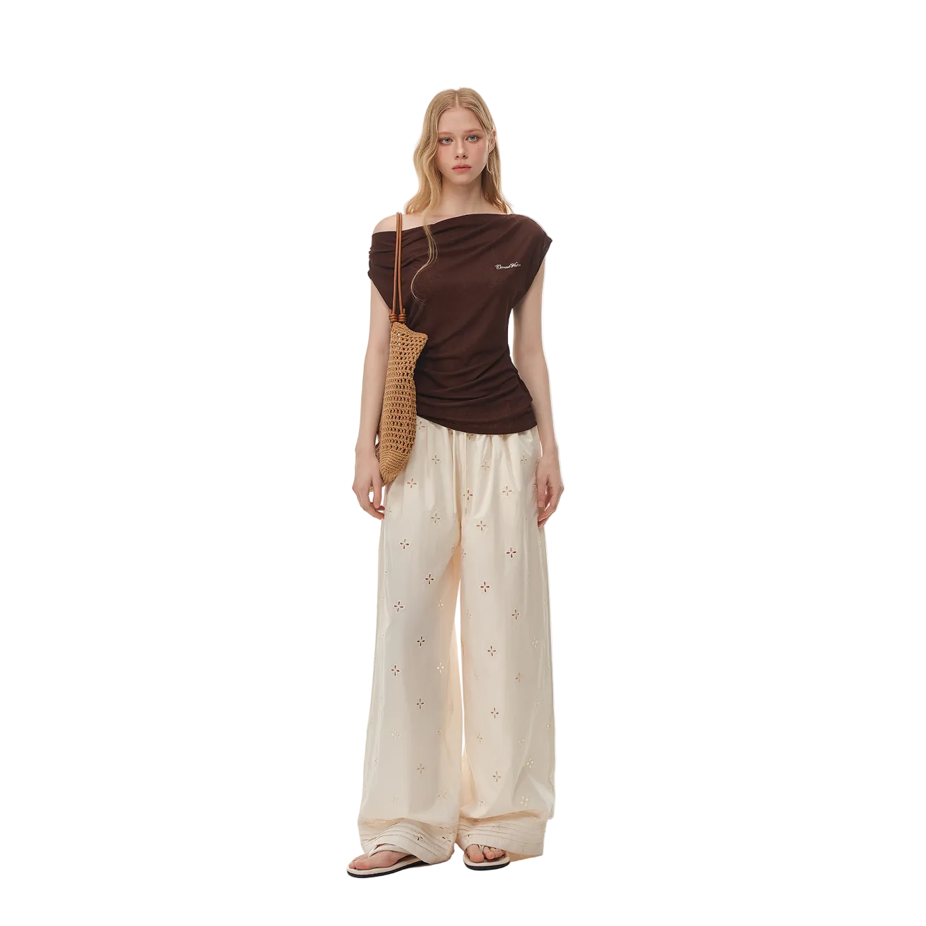 Brown Asymmetrical Duffle Collar Off-Shoulder Short-Sleeve T-Shirt