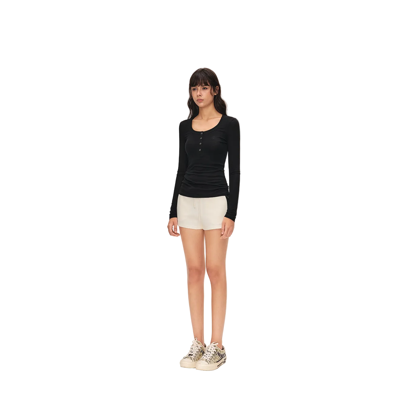Black Tencel Wool Henley Collar Long-Sleeve T-Shirt