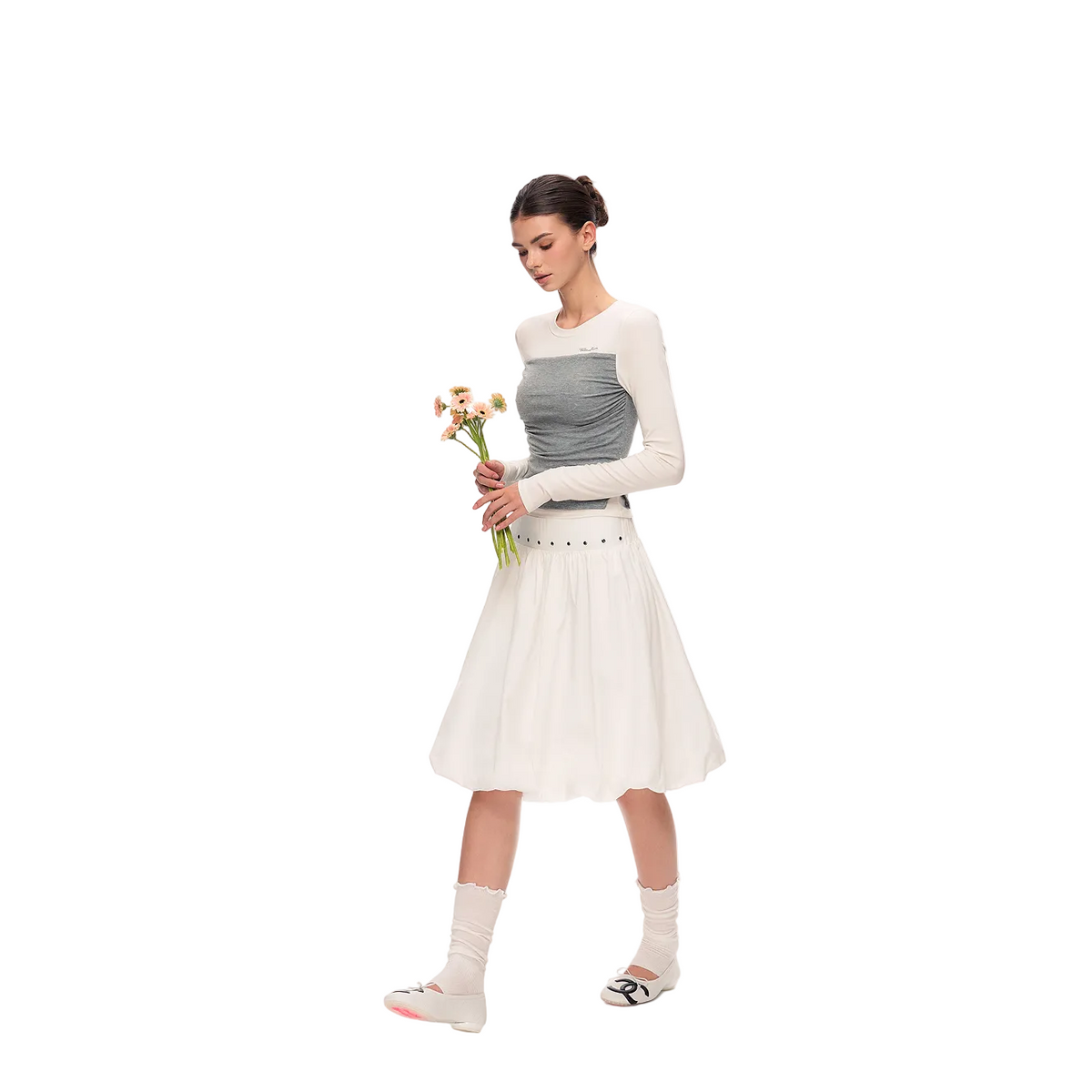 White Wide-Waisted Studded Puffy Midi Skirt
