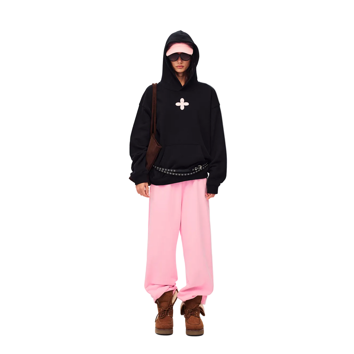 Black Chanel-style Cross Embroidered Hooded Sweatshirt