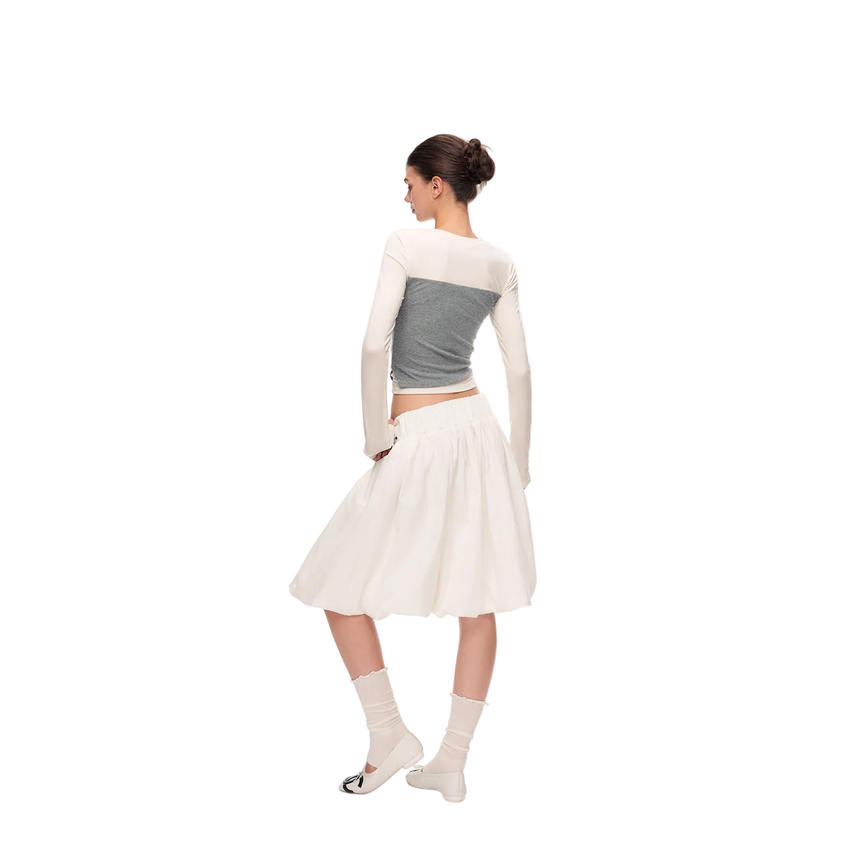 White Wide-Waisted Studded Puffy Midi Skirt