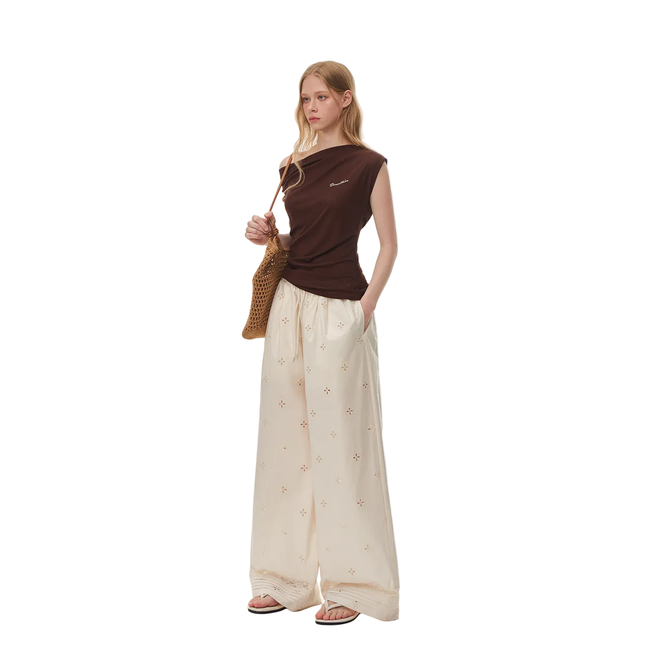 Brown Asymmetrical Duffle Collar Off-Shoulder Short-Sleeve T-Shirt