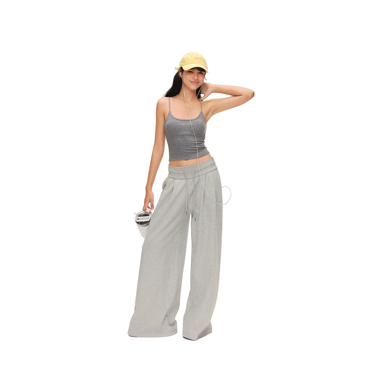 Grey Low-Rise Drawstring Wide-Leg Sweatpants