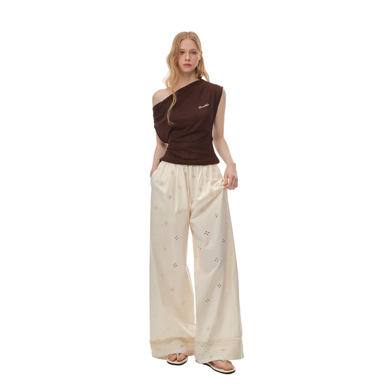 Brown Asymmetrical Duffle Collar Off-Shoulder Short-Sleeve T-Shirt