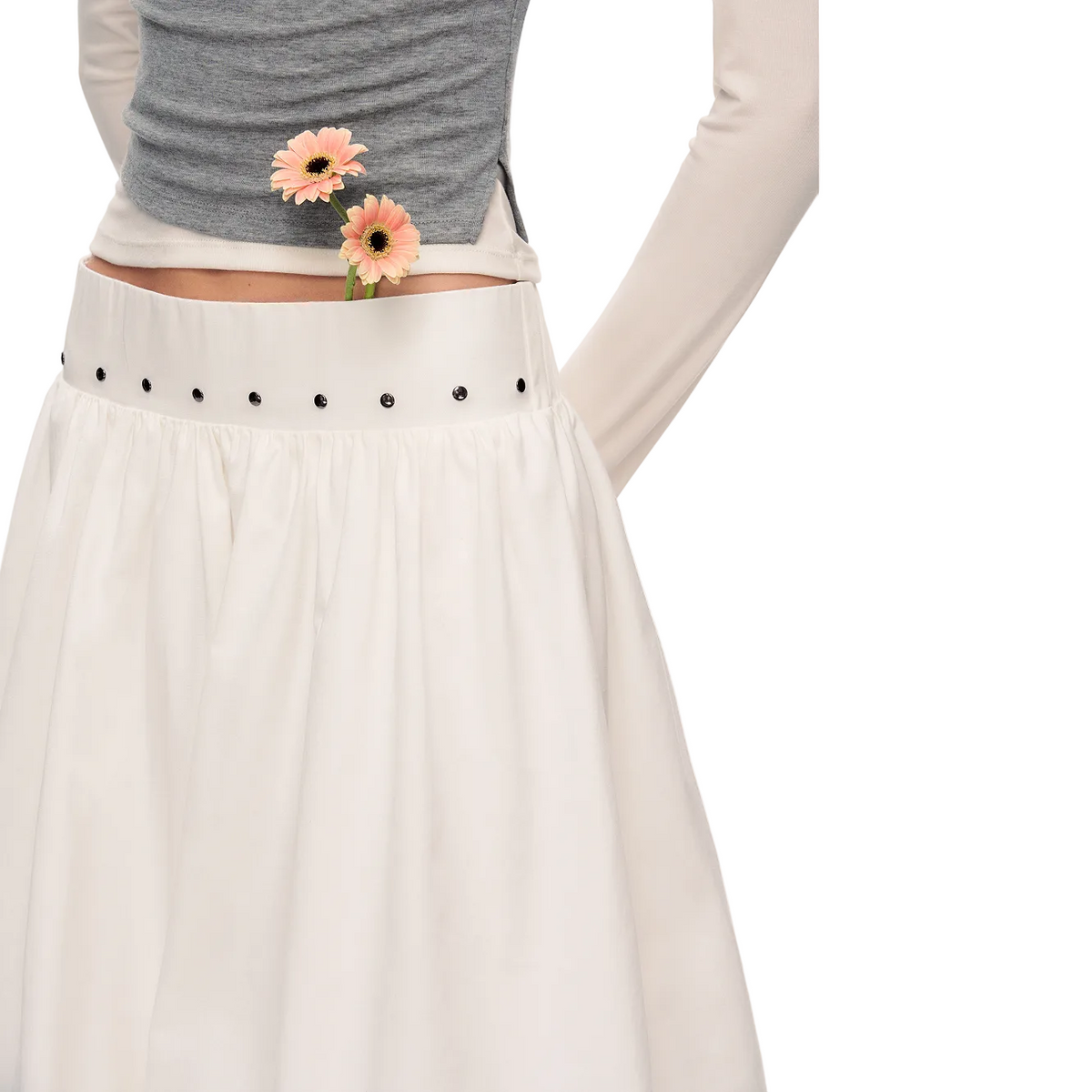 White Wide-Waisted Studded Puffy Midi Skirt
